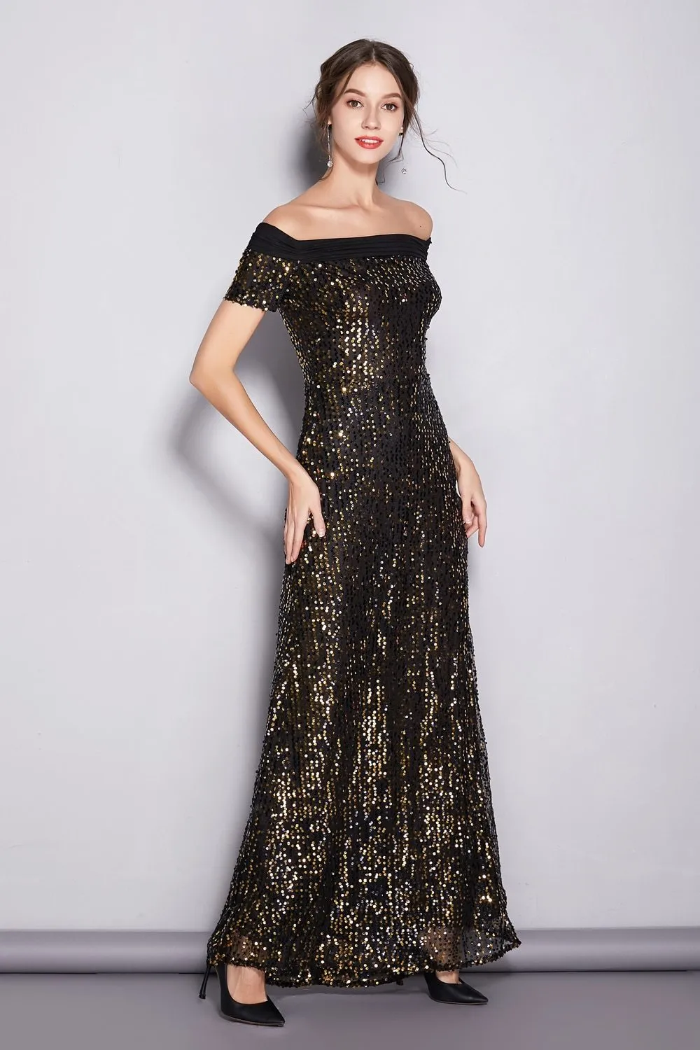 FashionSierra - Women's Runway Designer Dresses Slash Neckline Sequined A Line Party Prom Elegant Quality Long Dresses