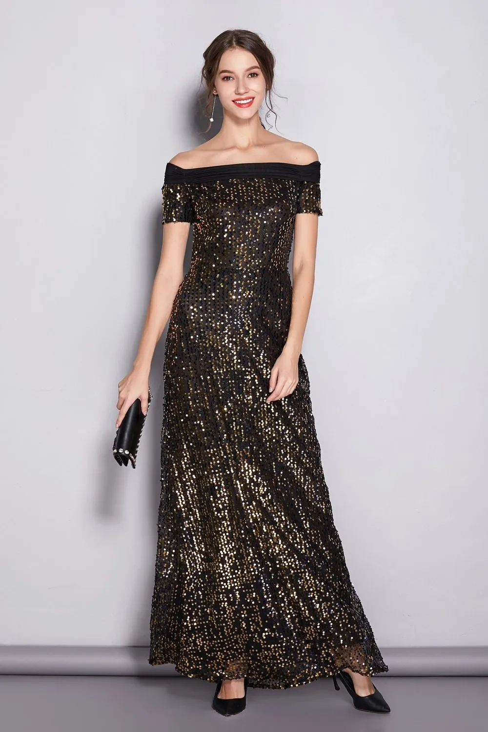 FashionSierra - Women's Runway Designer Dresses Slash Neckline Sequined A Line Party Prom Elegant Quality Long Dresses