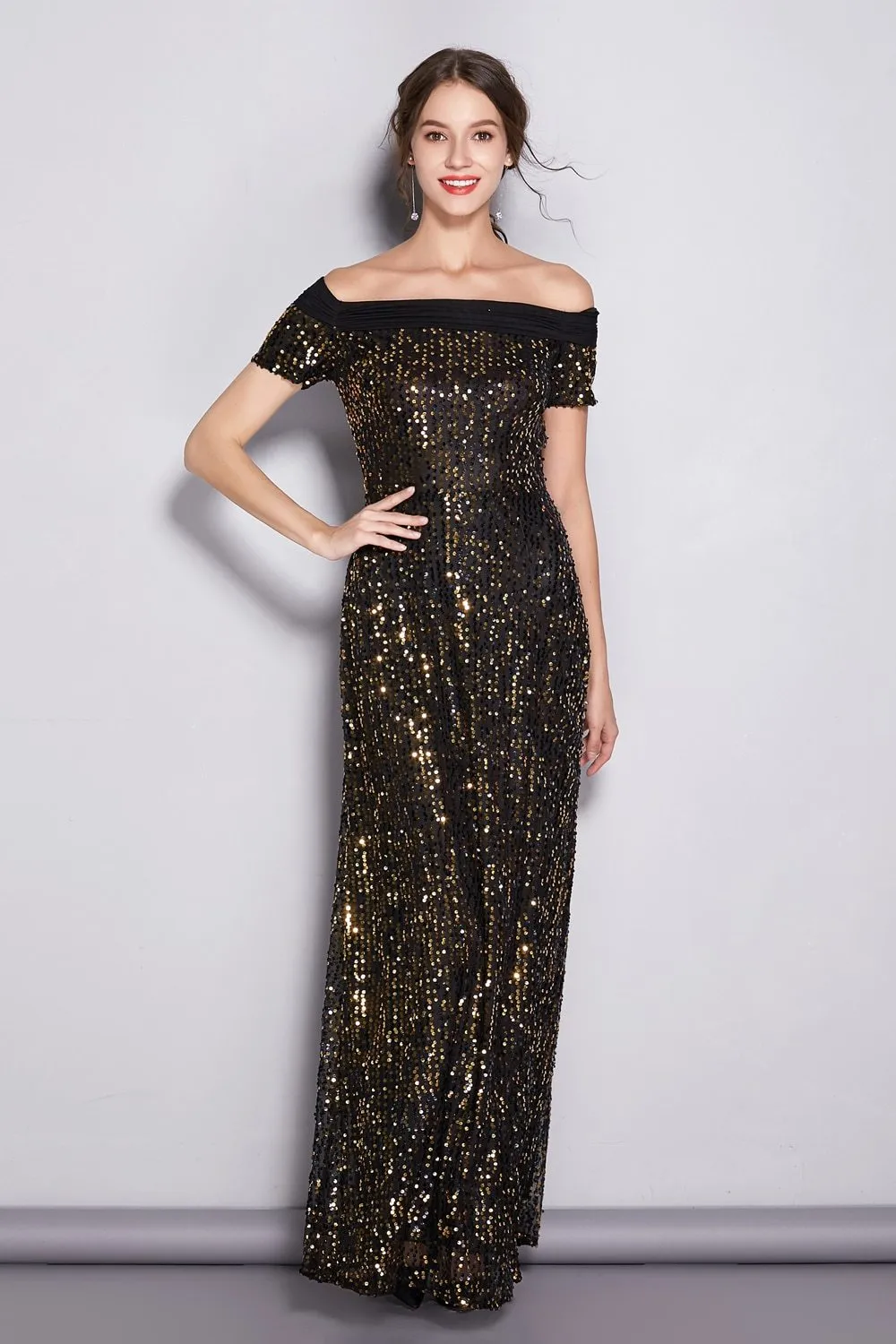 FashionSierra - Women's Runway Designer Dresses Slash Neckline Sequined A Line Party Prom Elegant Quality Long Dresses