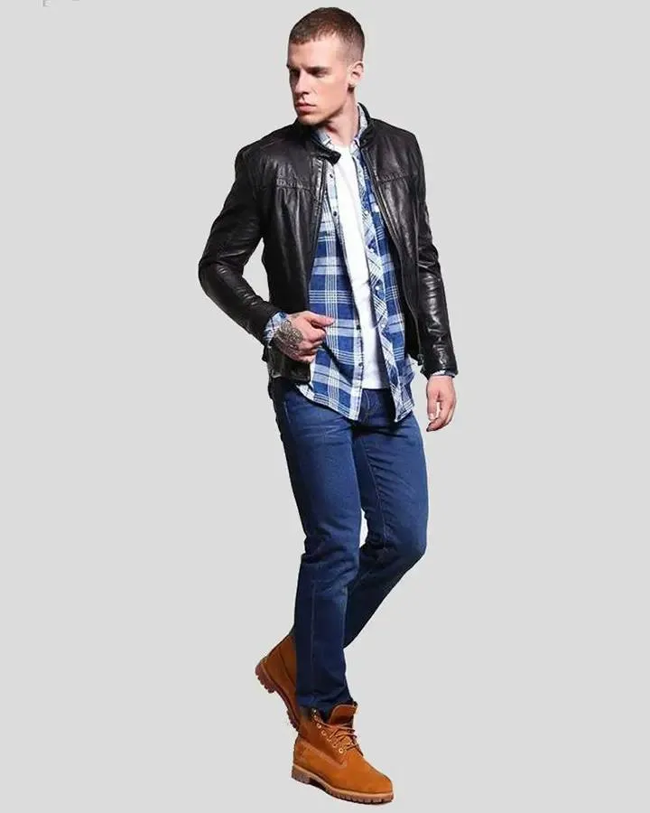 Ferd Black Slim Fit Leather Racer Jacket