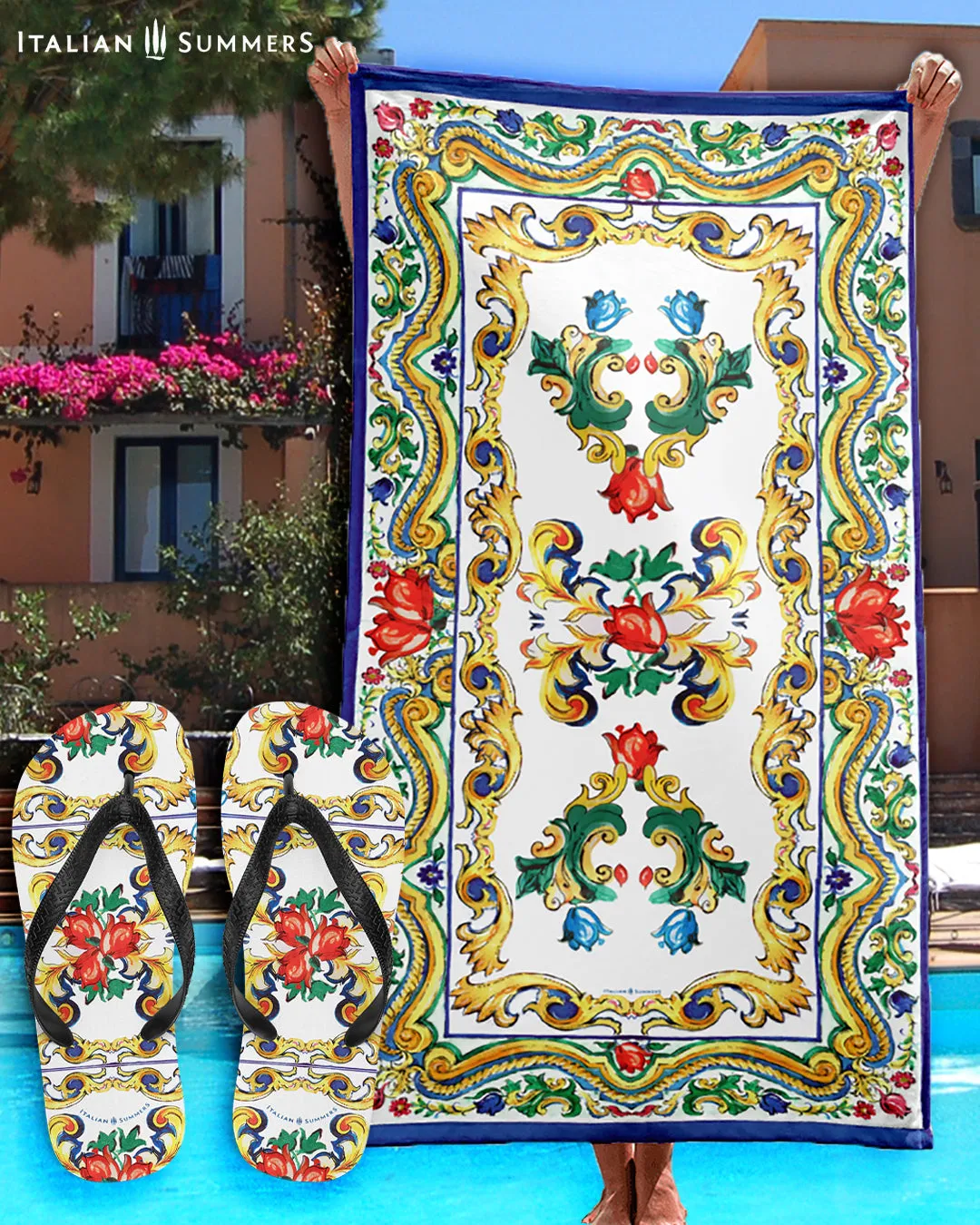 Flip flops Sweet Sicilian Maiolica, Italy beach towel, Italian tiles, Italian baroque, Italy Beach, Sicily, Amalfi Coast, Positano, Capri,