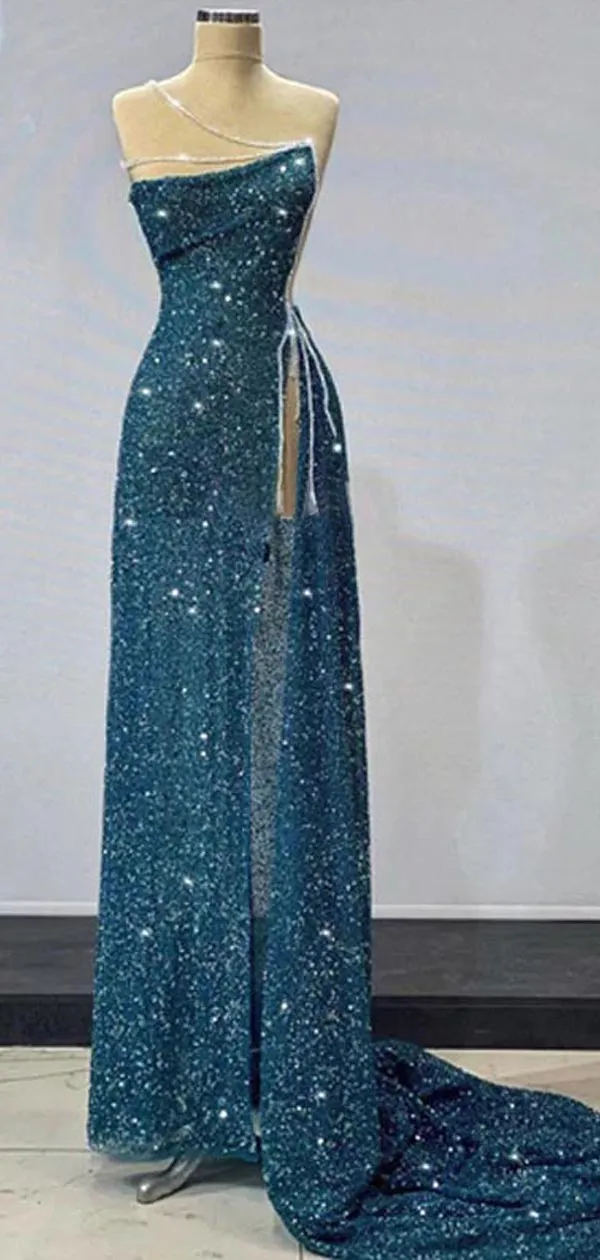 Gorgeous Teal Sheath High Slit Maxi Long Prom Dresses,Evening Dresses