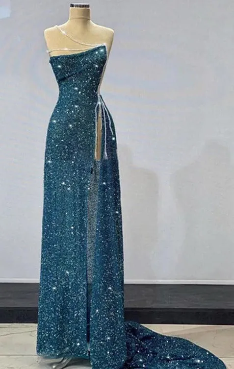 Gorgeous Teal Sheath High Slit Maxi Long Prom Dresses,Evening Dresses