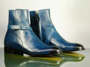 Handmade Men's Blue Leather Jodhpur Boots, Men Ankle Boots, Men Designer Boots