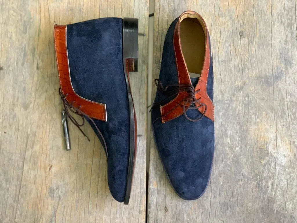 Handmade Men's Blue Suede Leather Chukka Boots, Men Half Ankle Lace Up Boots