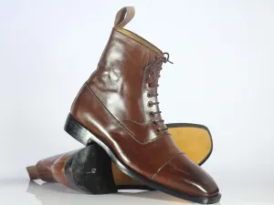 Handmade Men's Brown Ankle High Boots, Men Leather Cap Toe Lace Up Fashion Boots