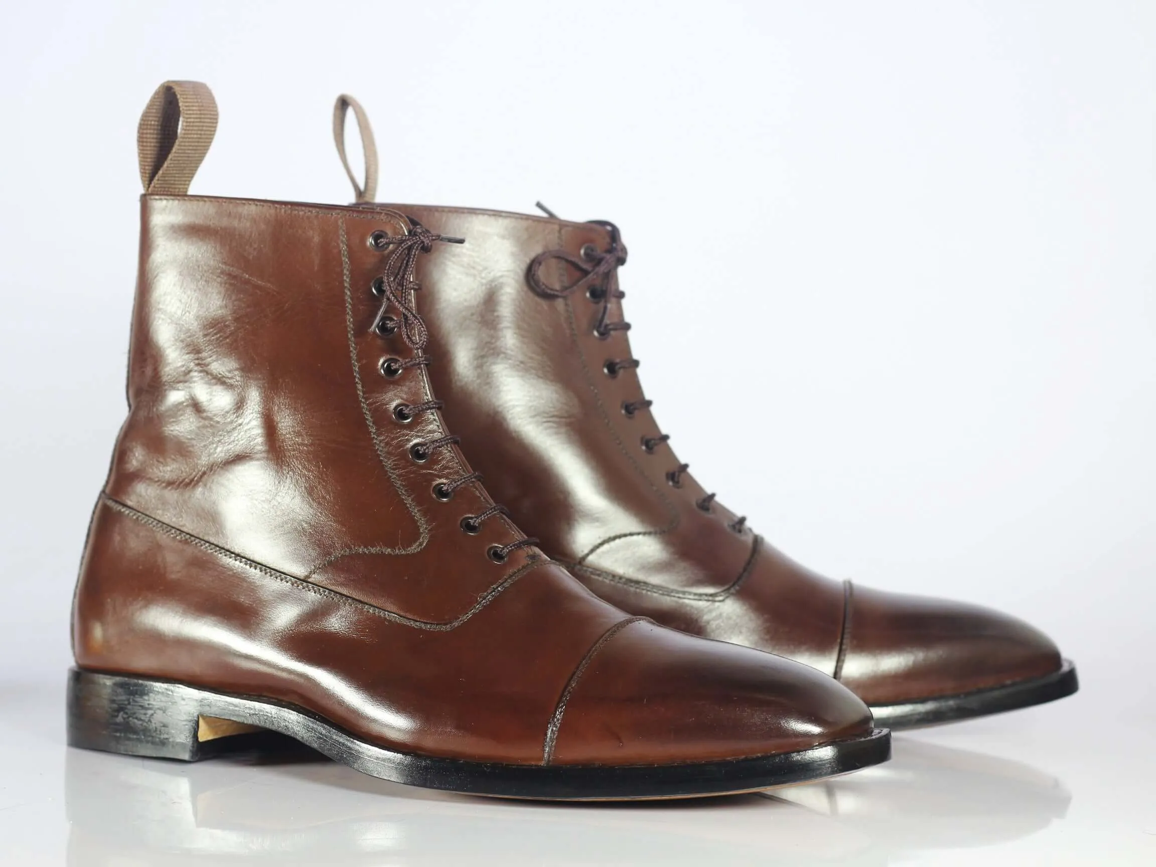 Handmade Men's Brown Ankle High Boots, Men Leather Cap Toe Lace Up Fashion Boots