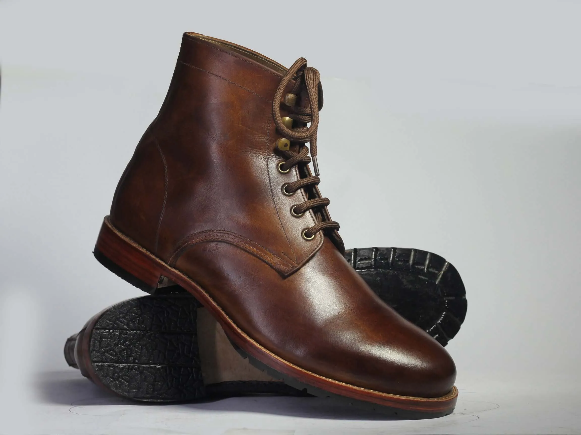 Handmade Men's Brown Lace Up Leather Boots, Men Ankle High Designer Dress Boots