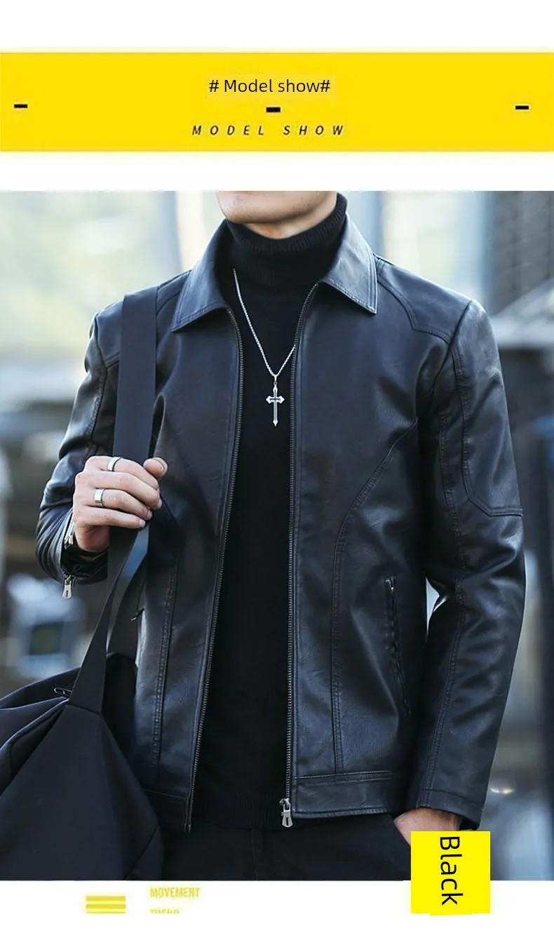 Lapel Korean Style Trendy Slim-Fit Handsome Menswear Leather Jacket