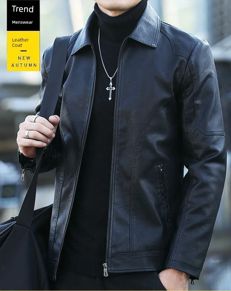 Lapel Korean Style Trendy Slim-Fit Handsome Menswear Leather Jacket