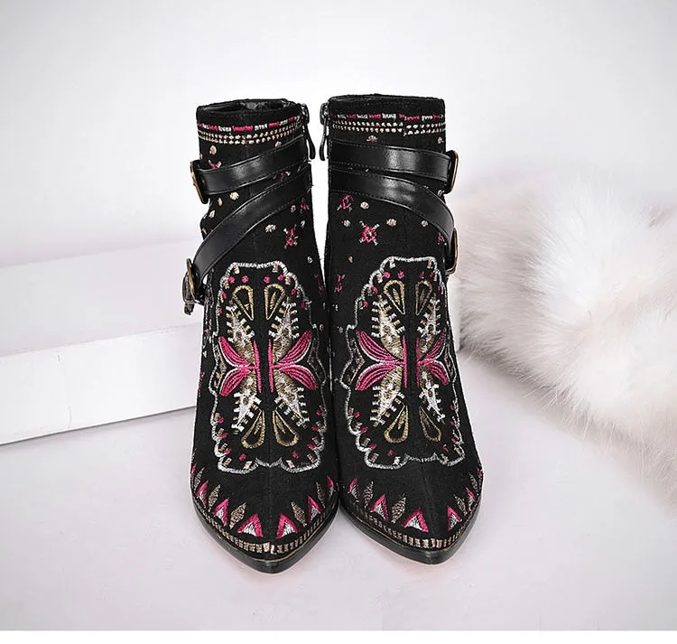 Leather Embroidery Ankle Boots