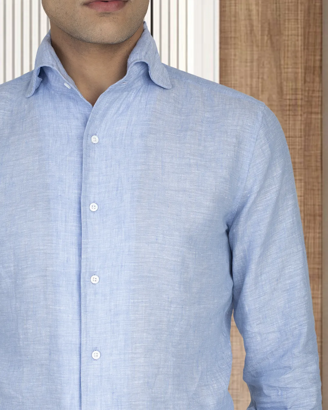 Linen Cotton: Light Blue Chambray one piece collar placket