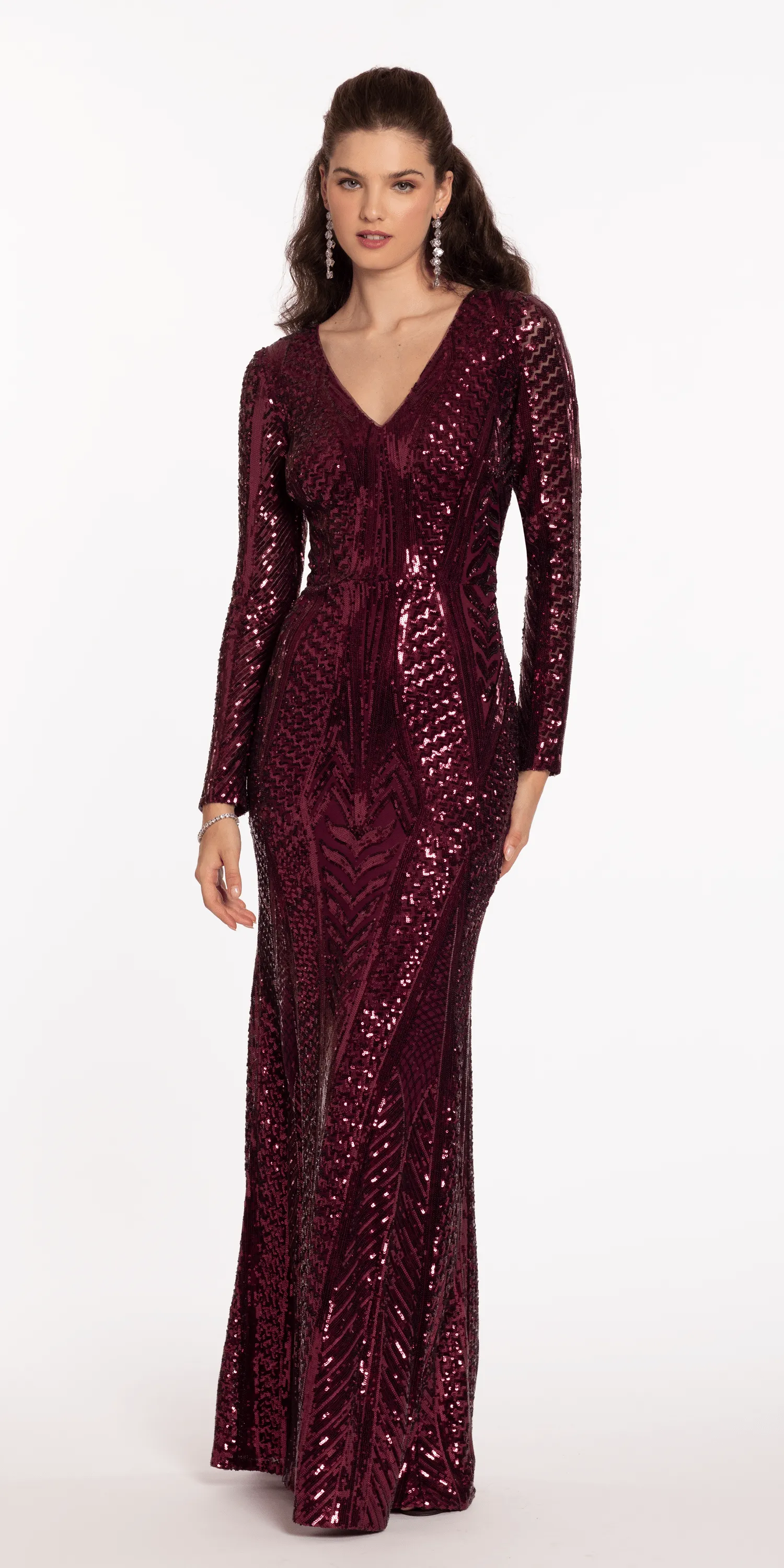 Long Sleeve V Neck Sequin Column Dress