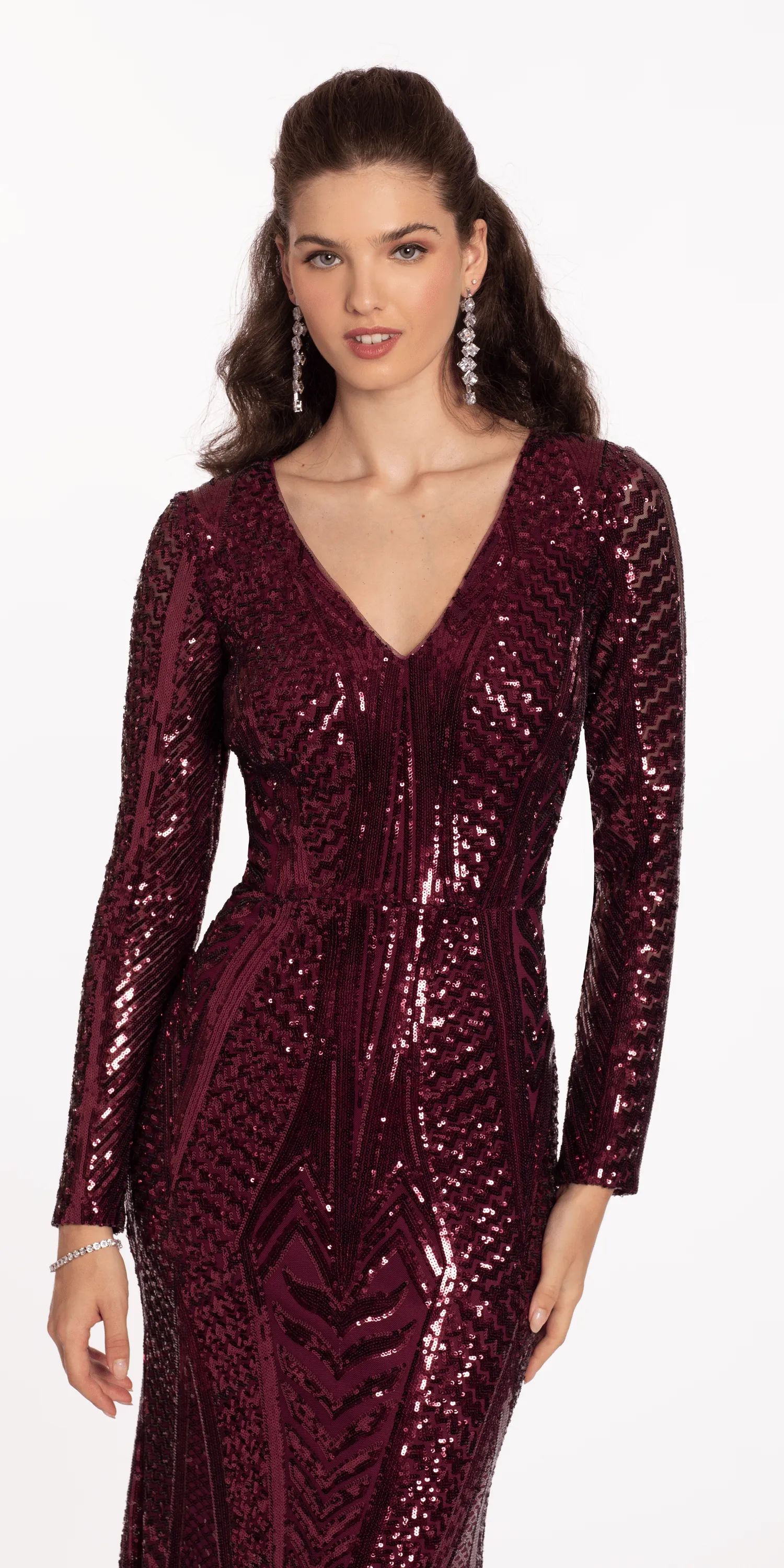 Long Sleeve V Neck Sequin Column Dress