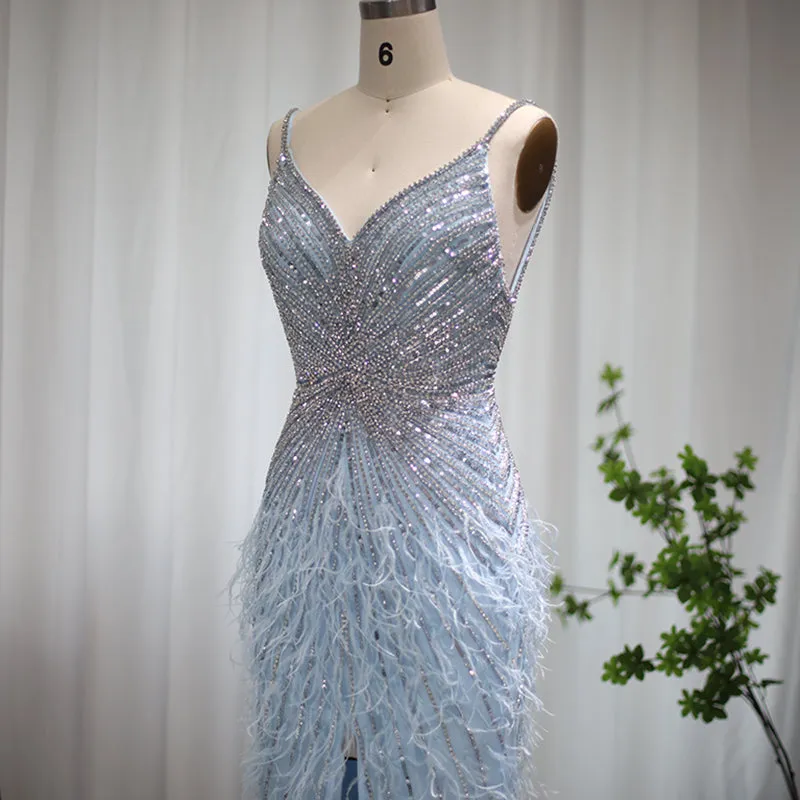 Luxury Beaded Blue Mermaid Feathers Prom Dress SS004