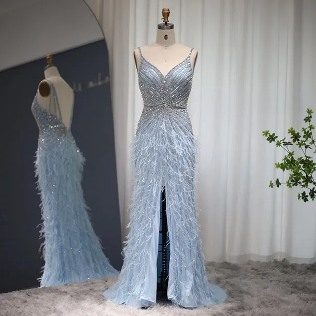 Luxury Beaded Blue Mermaid Feathers Prom Dress SS004