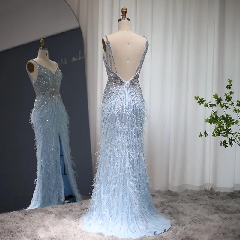 Luxury Beaded Blue Mermaid Feathers Prom Dress SS004