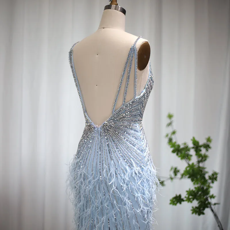 Luxury Beaded Blue Mermaid Feathers Prom Dress SS004