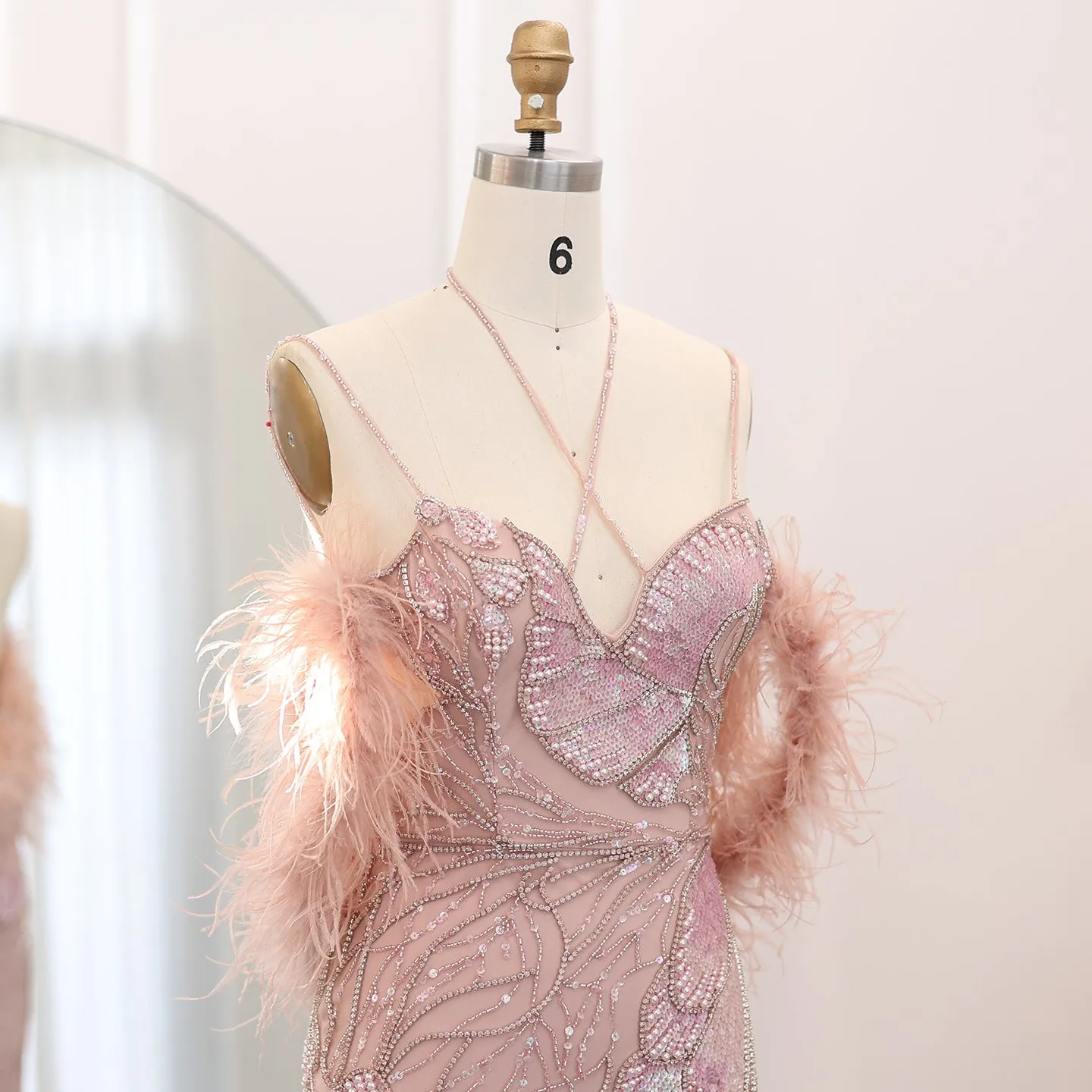 Luxury Pink Evening Dress with Feathers Scarf SS478