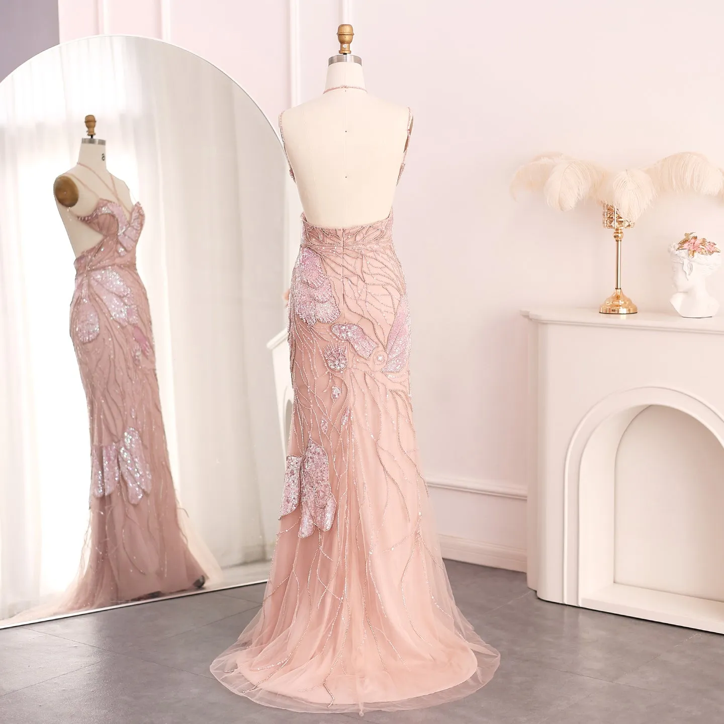 Luxury Pink Evening Dress with Feathers Scarf SS478