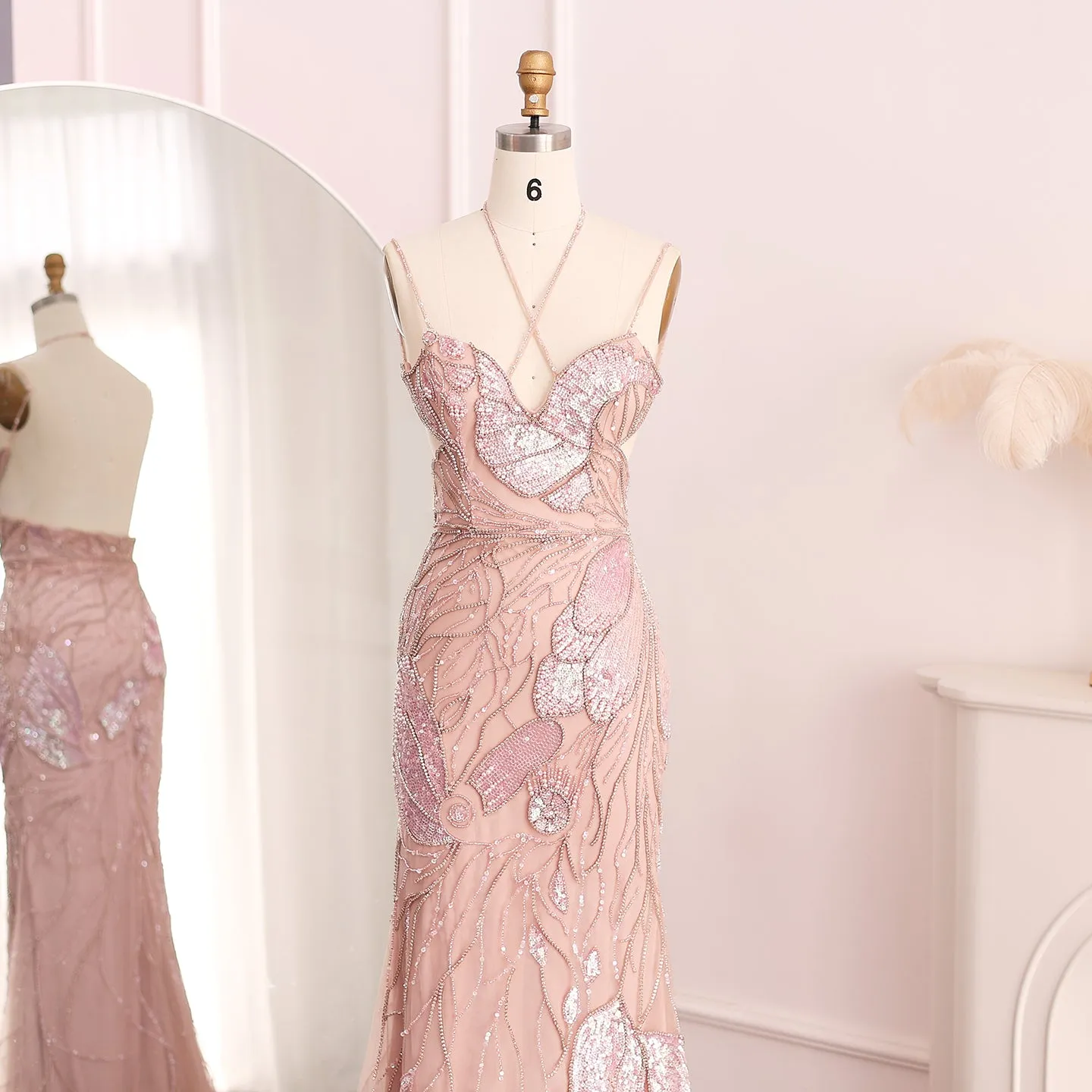 Luxury Pink Evening Dress with Feathers Scarf SS478