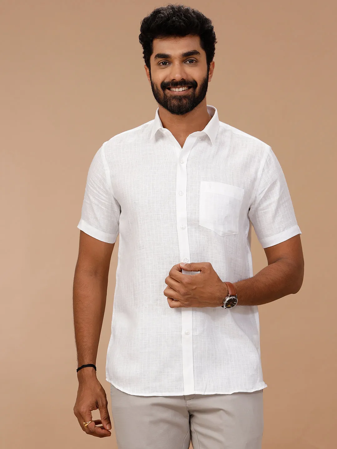 Men 100% Pure Linen Self Design White Shirt 1544JF