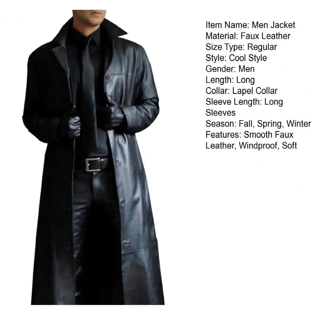 Men Faux Leather Jacket Stylish Trench Coat with Turn-down Collar Windproof Design Slim Fit