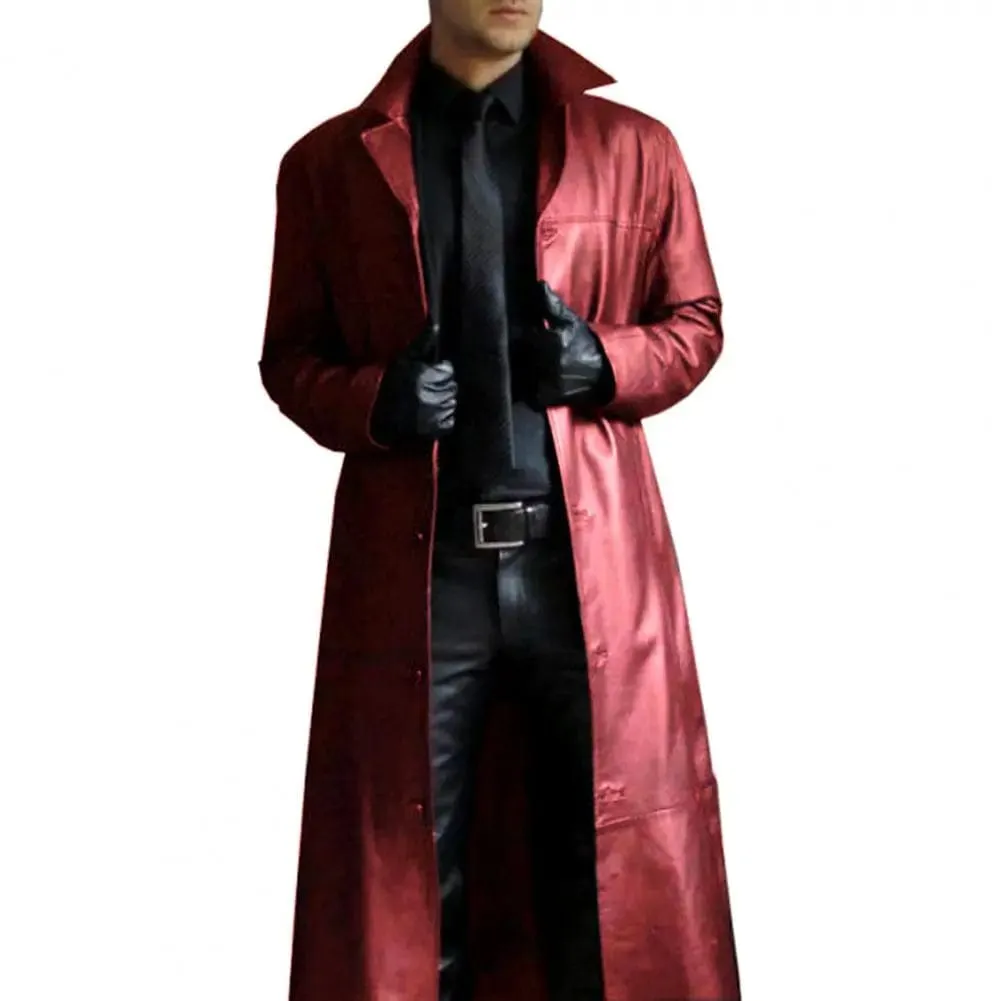 Men Faux Leather Jacket Stylish Trench Coat with Turn-down Collar Windproof Design Slim Fit