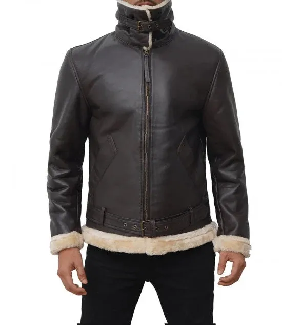 Mens Real Leather Dark Brown Shearling Bomber Jacket