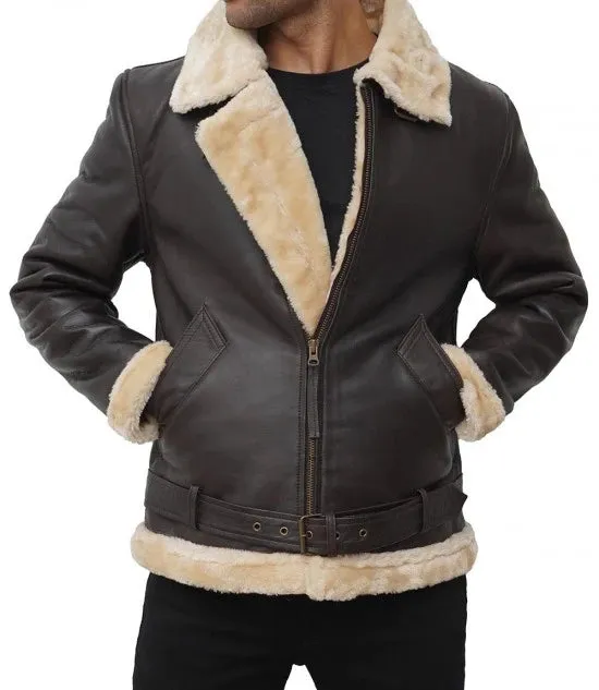 Mens Real Leather Dark Brown Shearling Bomber Jacket