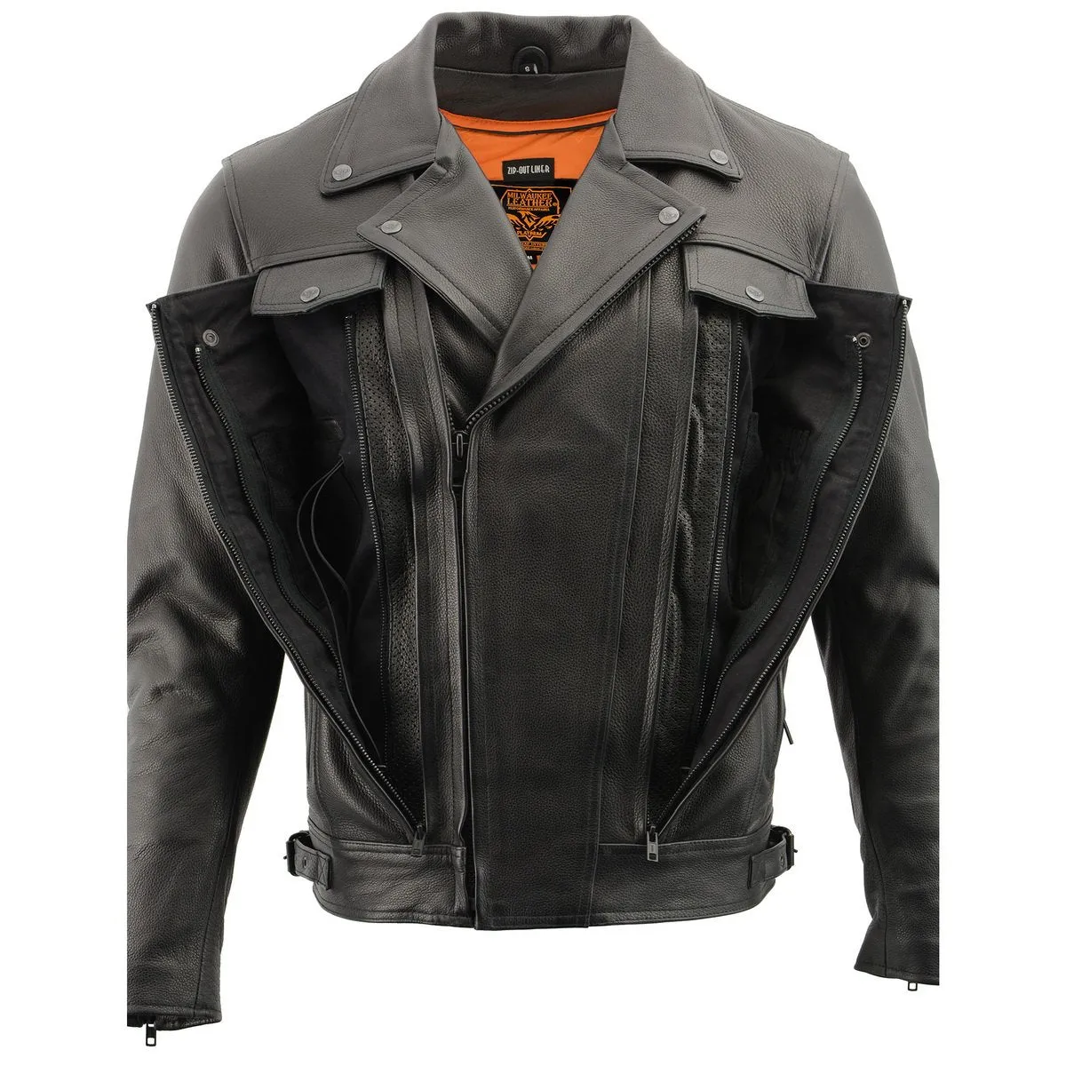 Milwaukee Leather LKM1720 Men's Black Premium Leather Motorcycle Vented Leather Jacket w/ Multi-Utility Pockets