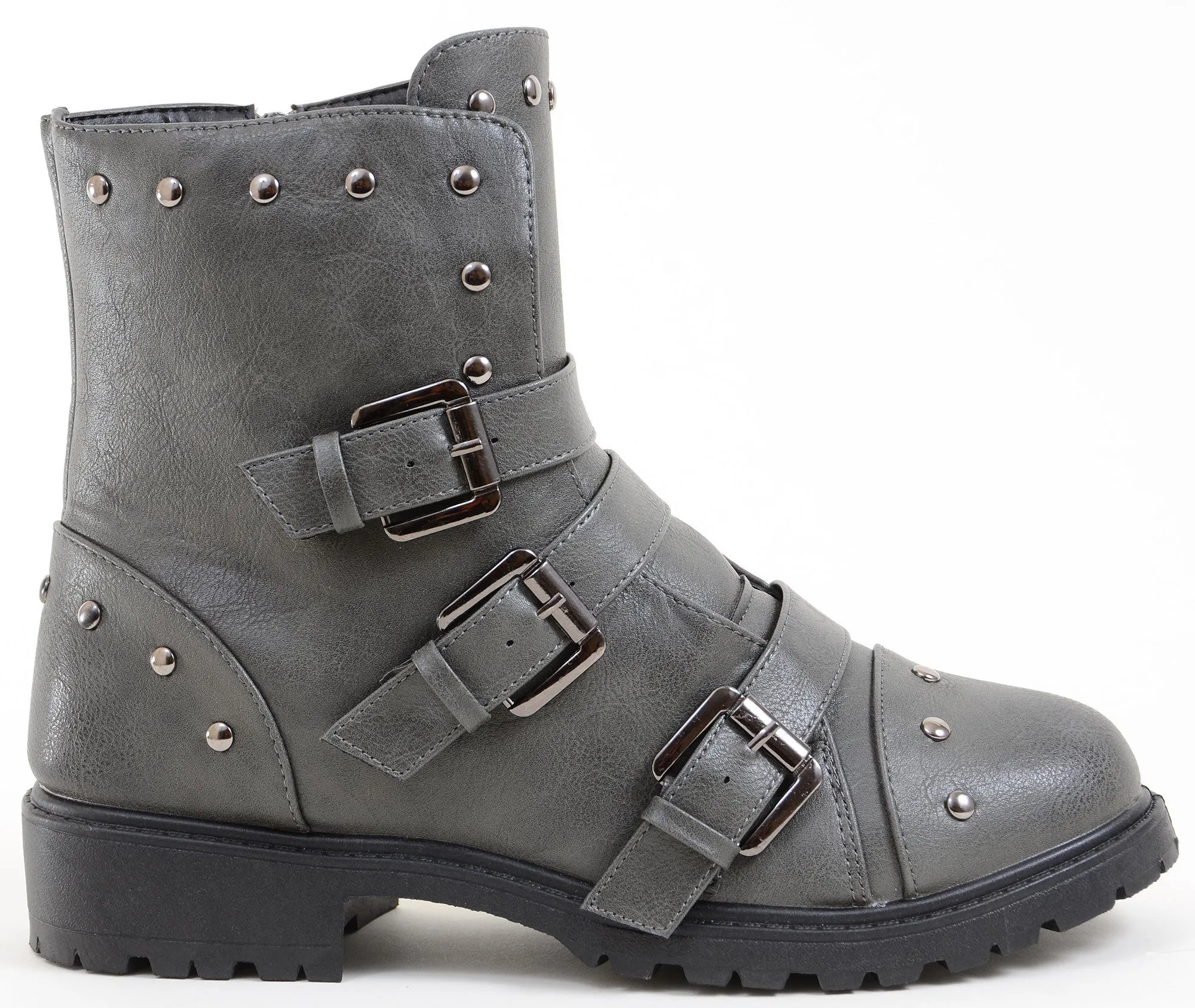 Moto Harness Rivets Combat Lug Ankle Women's Vegan Boots