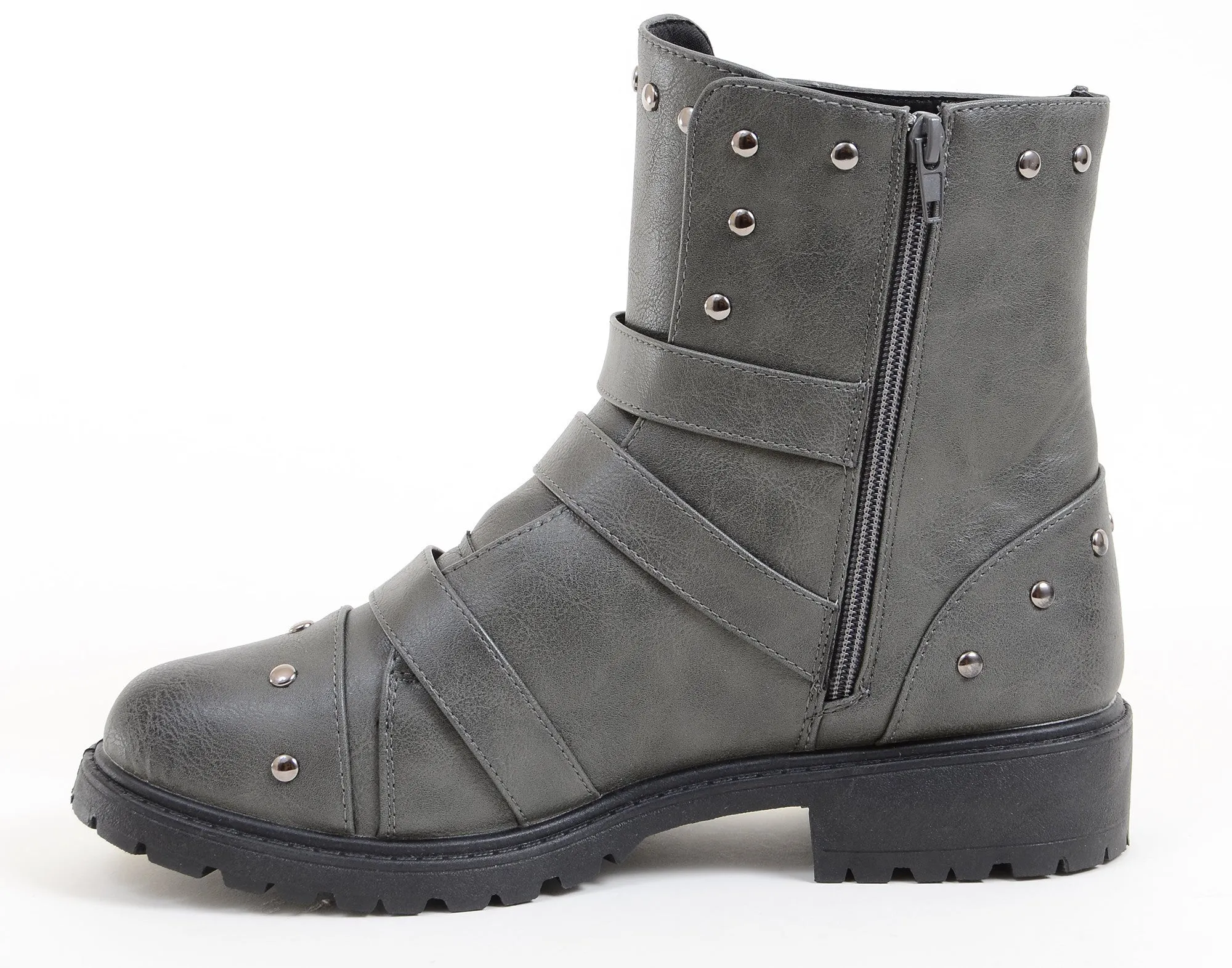 Moto Harness Rivets Combat Lug Ankle Women's Vegan Boots