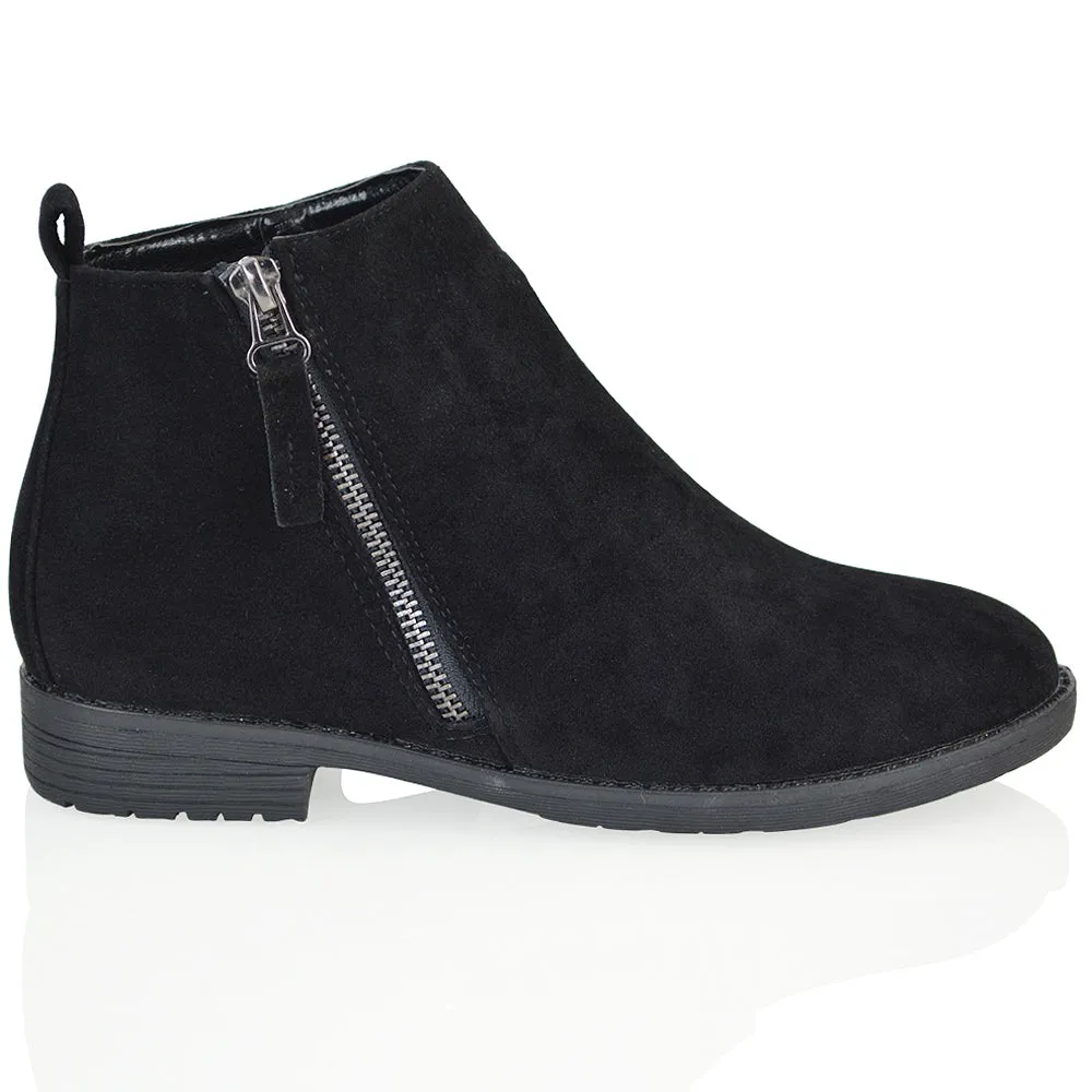 NICOLA LOW BLOCK HEEL ZIP UP DETAIL FLAT ANKLE BOOTS IN BLACK FAUX SUEDE