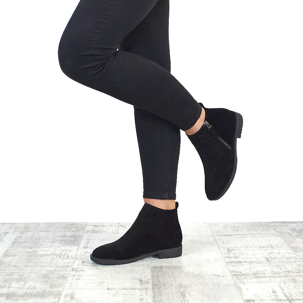 NICOLA LOW BLOCK HEEL ZIP UP DETAIL FLAT ANKLE BOOTS IN BLACK FAUX SUEDE