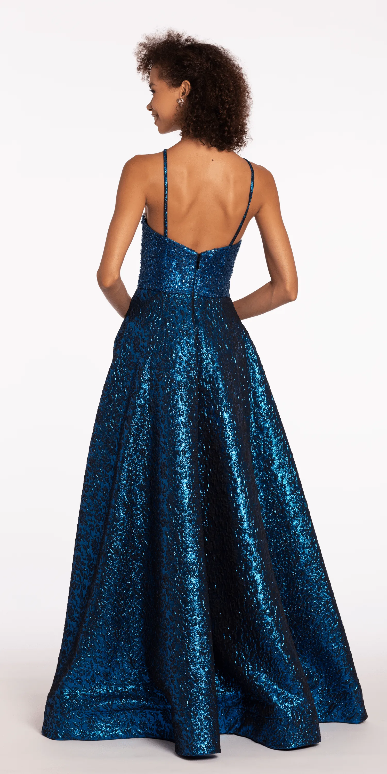 Plunging Metallic Beaded Jacquard Ballgown with Pockets