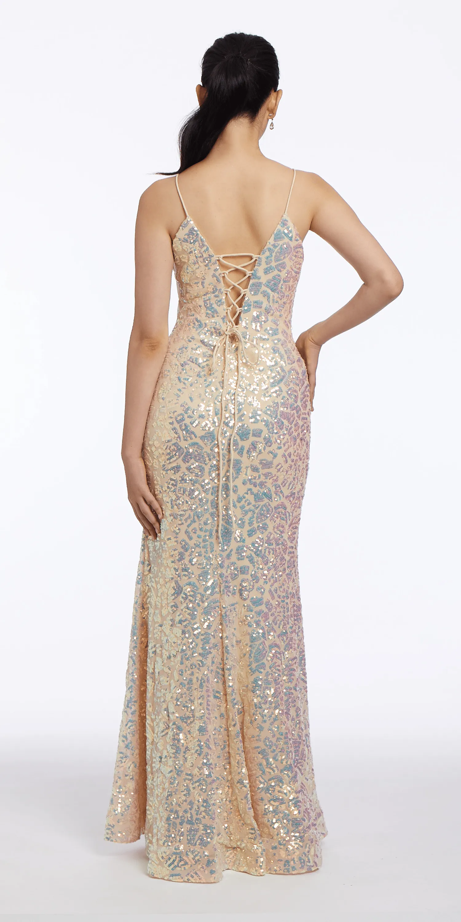 Plunging Pattern Sequin Lace Up Back Trumpet Dress