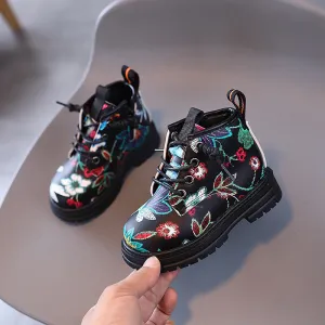 Retro National Floral Printing Ankle Boots for Kids Girls Cozy Spring Autumn Cotton Boots