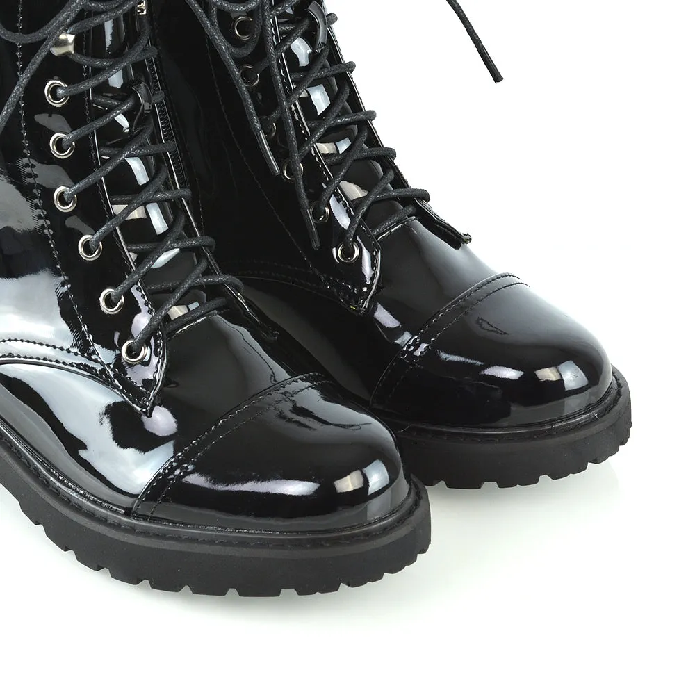 River Lace Up Military Combat Zip-up Flat Ankle Biker Boots In Black Synthetic Leather