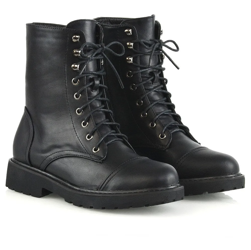 River Lace Up Military Combat Zip-up Flat Ankle Biker Boots In Black Synthetic Leather