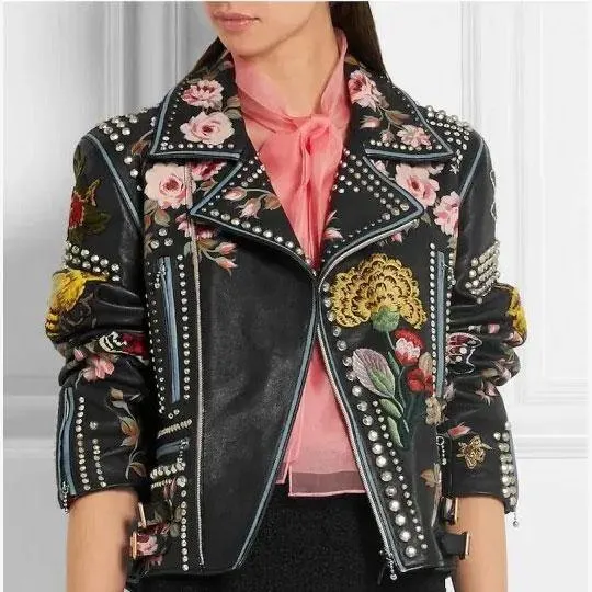 Rose Handpainted Silver Studded Biker Jacket