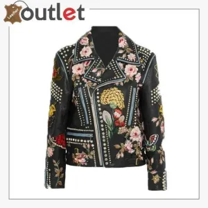 Rose Handpainted Silver Studded Biker Jacket