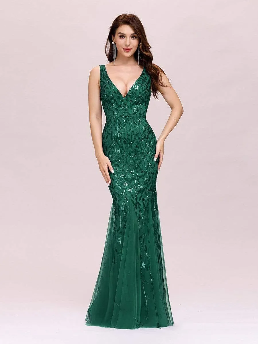 Sexy Double V-Neck Mermaid Sequin Evening Maxi Dress for Women