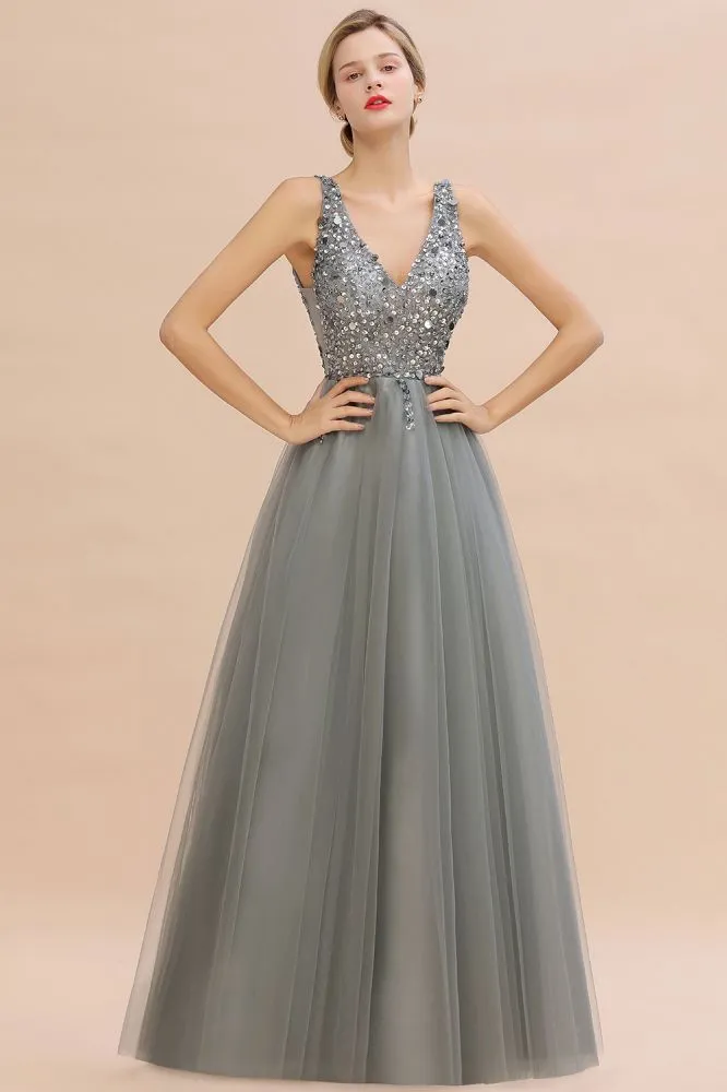 Sparkly Sequins V-Neck Aline Evening Maxi Dress Tulle Prom Dress