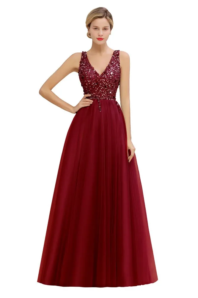 Sparkly Sequins V-Neck Aline Evening Maxi Dress Tulle Prom Dress