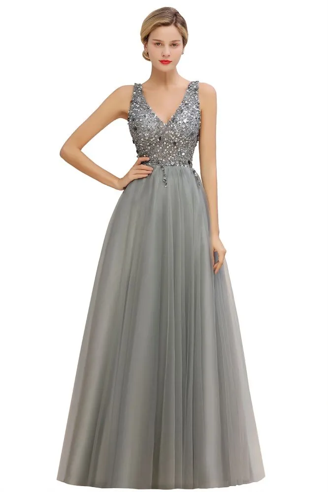 Sparkly Sequins V-Neck Aline Evening Maxi Dress Tulle Prom Dress