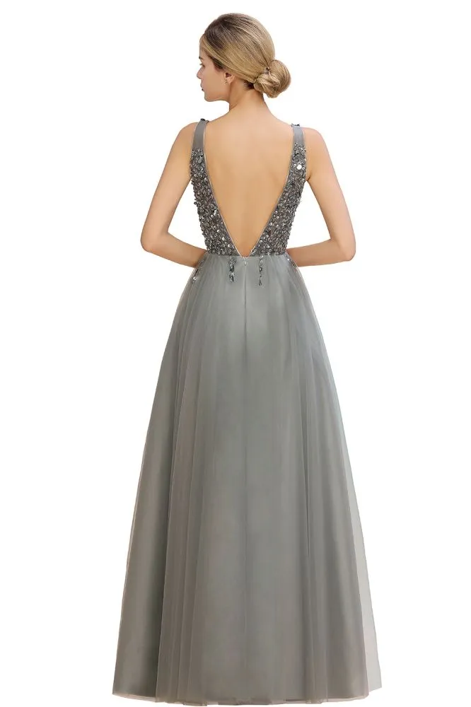 Sparkly Sequins V-Neck Aline Evening Maxi Dress Tulle Prom Dress