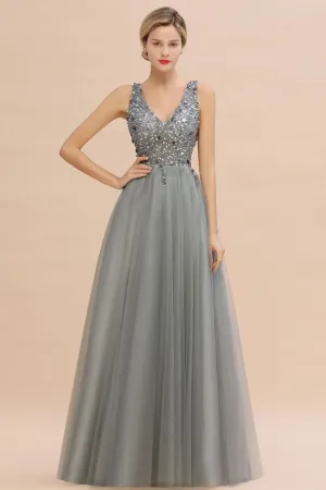 Sparkly Sequins V-Neck Aline Evening Maxi Dress Tulle Prom Dress