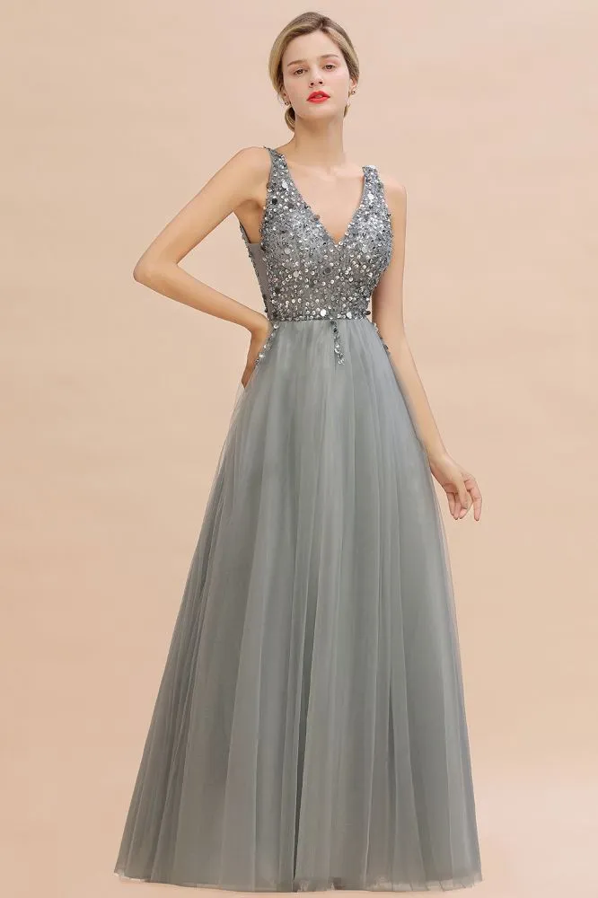 Sparkly Sequins V-Neck Aline Evening Maxi Dress Tulle Prom Dress