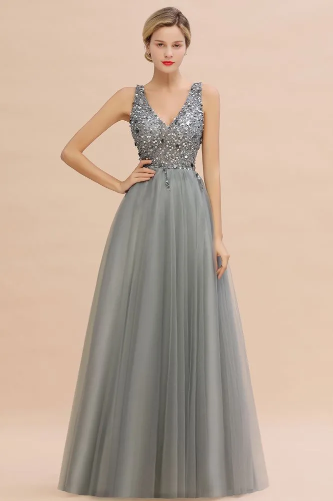 Sparkly Sequins V-Neck Aline Evening Maxi Dress Tulle Prom Dress